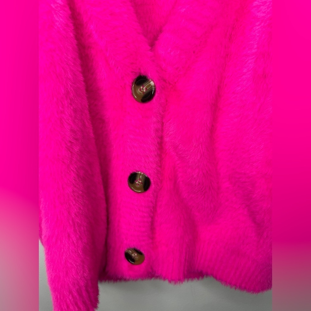 For Love & Lemons Chateau Short Sleeve Cardigan Size Small Hot Pink Fuzzy - Picture 6 of 10